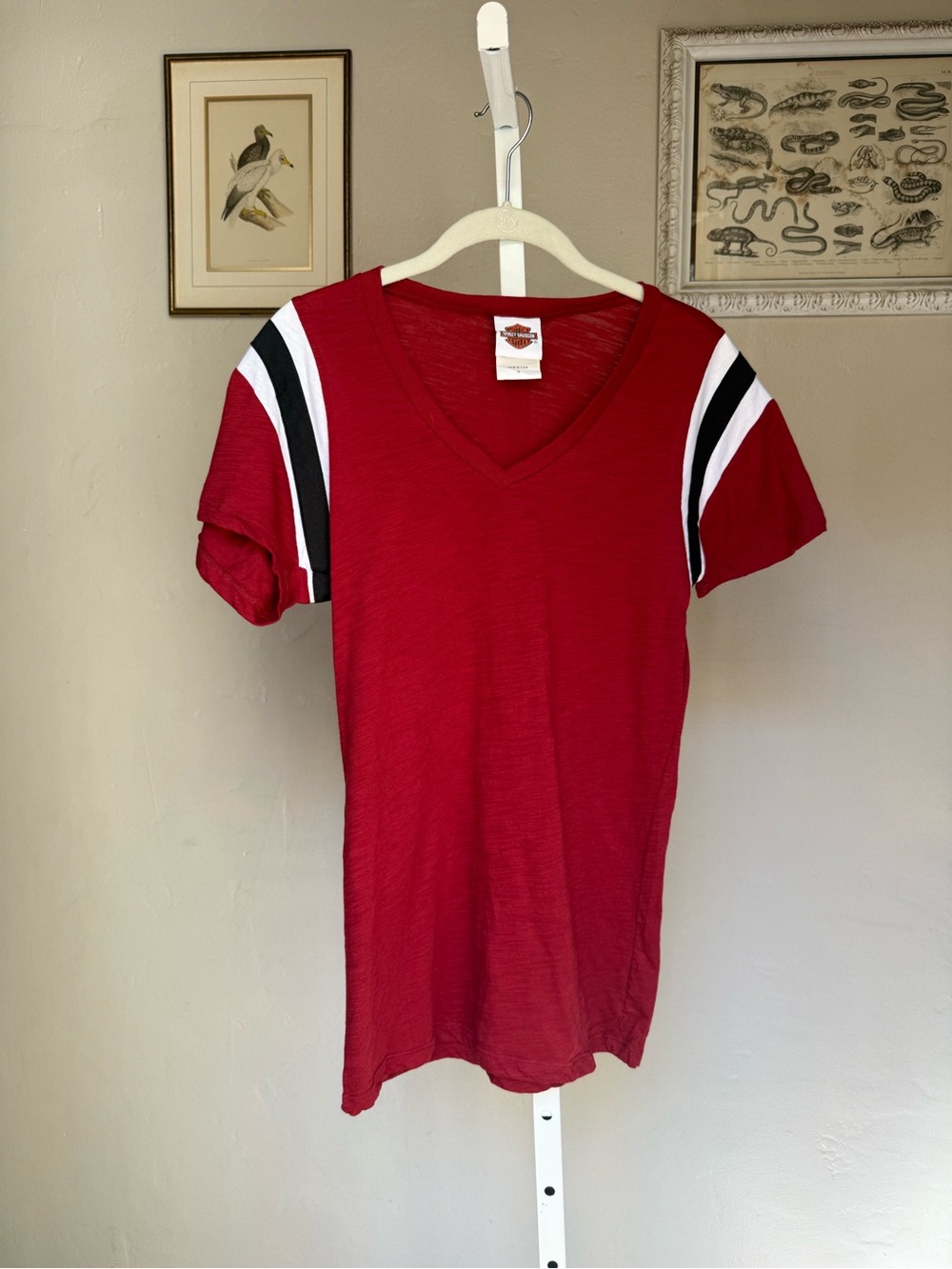 Harley-Davidson Red V-Neck Tee with Black and White Striped Sleeves